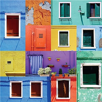 混合,彩色,窗户,墙壁,门