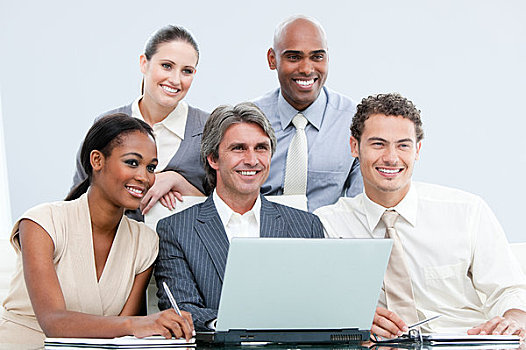 微笑,企业团队,工作,笔记本电脑