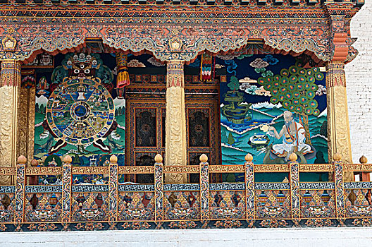 亚洲,不丹,绘画,特写,木工,靠近,入口,庙宇,普那卡宗,宫殿