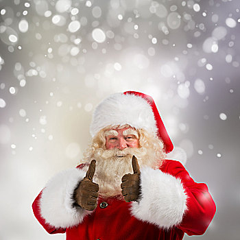 真诚,圣诞老人,胡须,微笑,给,竖大拇指,雪,背景,留白
