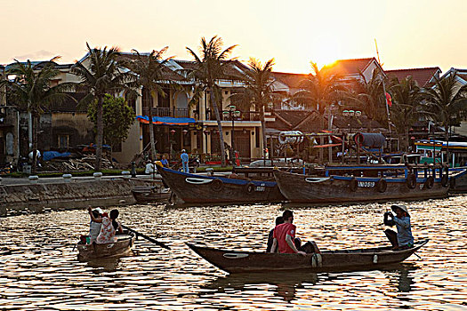 越南,会安,游客,河,日落
