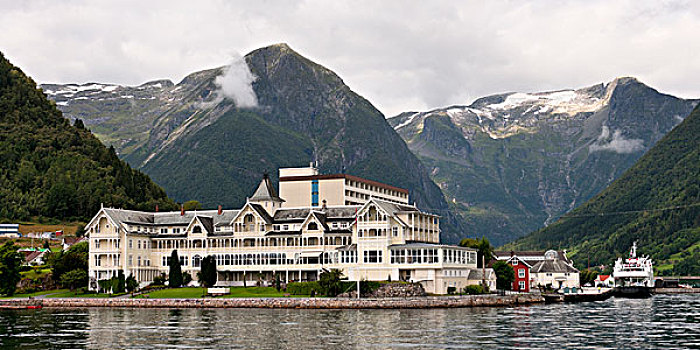 酒店,山峦,背景,挪威