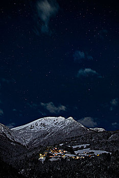 山村,夜晚,星空,后面,雪,山谷,提洛尔,奥地利,欧洲
