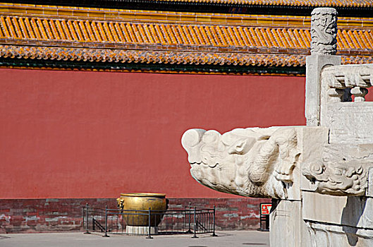 中国,北京,故宫,帝王,宫殿,明代,清朝,雕刻,龙,头部,巨大,青铜,坛罐,拿,水,远景