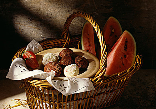 篮子,西瓜,巧克力,椰子,球,主题,托斯卡纳,野餐