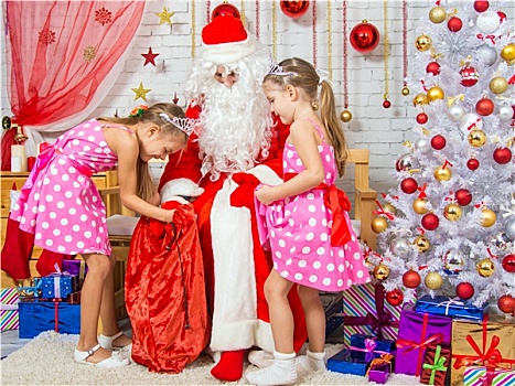 圣诞老人,礼物,两个女孩,姐妹
