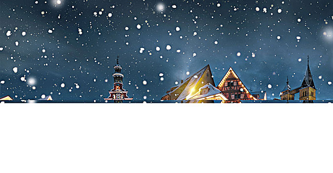 全景,下雪,夜晚,埃斯林根,内卡河,巴登符腾堡,德国