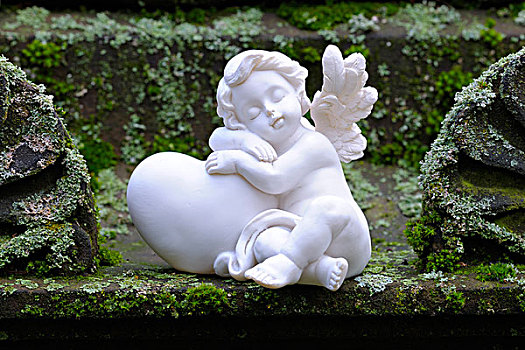 天使,小雕像,粘土,苔藓,石头
