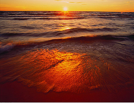 海浪,密歇根湖,日落,州立公园,密歇根,美国