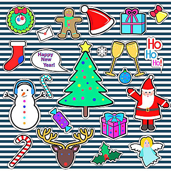新年快乐,圣诞快乐,象征,罐,抠像,纸,圣诞树,雪人,圣诞老人,鹿,糖果,棍,礼物,天使,对话气泡框,风格,矢量