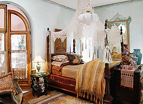 风格,混合,老式,天篷床,透明,帘,卧室,东方