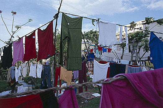 亚麻布,风干,印度,洗衣服,晾衣绳,亚洲,线,多彩,向上,纺织品,象征,洗衣日,家务,整洁,户外,概念,混乱