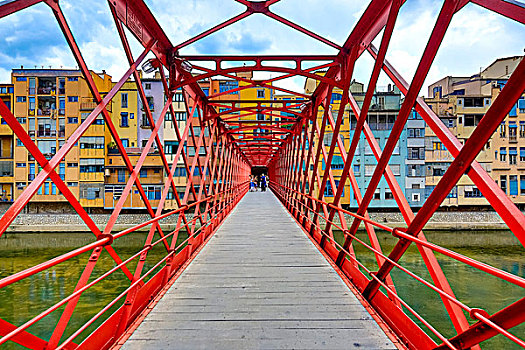红色,桥,建造,上方,翁亚尔河,赫罗纳,加泰罗尼亚,西班牙,欧洲