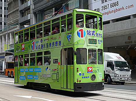 淡绿色,双层巴士,缆车,香港,亚洲