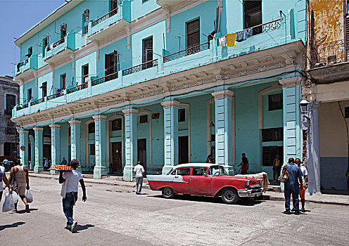 红色,老爷车,老城,哈瓦那,古巴