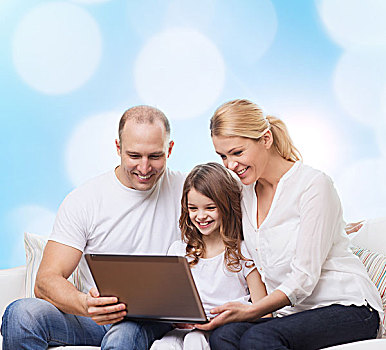 家庭,孩子,休假,科技,人,概念,微笑,笔记本电脑,上方,蓝色,背景
