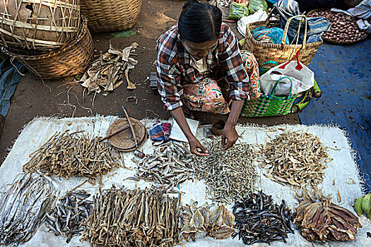 市场,菜市场,地方特色,女人,销售,干鱼,曼德勒省,蒲甘,缅甸,亚洲