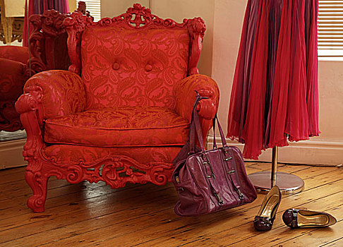 鞋,包,靠近,软垫,红色,椅子