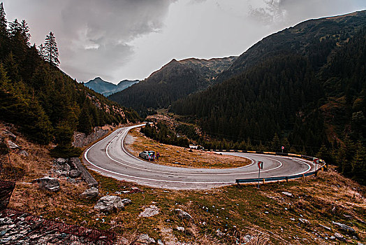 公路,急转弯,弯曲,山景,罗马尼亚