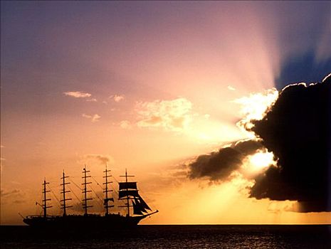 日落,岸边,圣卢西亚,小安的列斯群岛,加勒比海,帆船