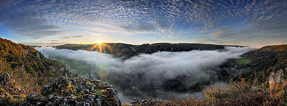 日出,秋天,多瑙河,山谷,锡格马林根,巴登符腾堡,德国,欧洲
