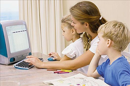 母亲,儿童,电脑