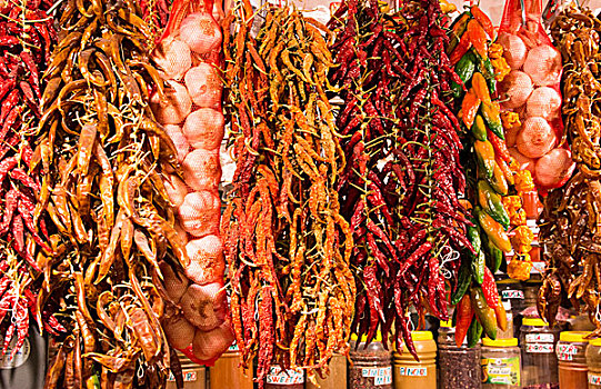 巴塞罗那,西班牙,市场,胡椒,蒜,食物,销售
