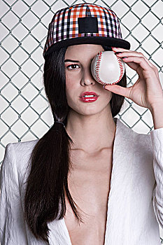 美女,戴着,棒球帽,拿着,棒球,正面,眼,棚拍
