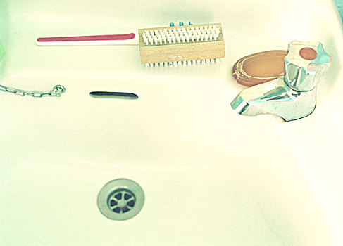 清洁,白色,水槽,牙刷,肥皂,擦洗用具,热,水龙头