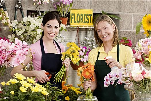 两个,女性,花商,工作,花,店,微笑