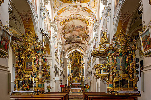 教堂中殿,圣坛,室内,寺院,教堂,洛可可风格,市场,上巴伐利亚,巴伐利亚,德国,欧洲