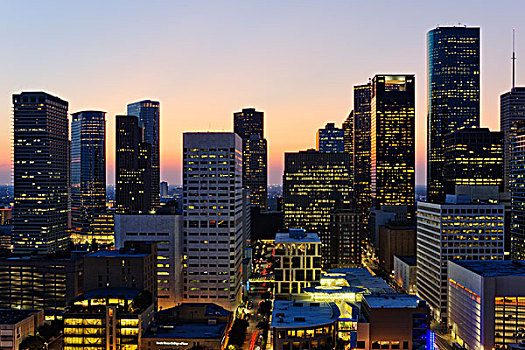 摩天大楼,光亮,黄昏,休斯顿,德克萨斯,美国