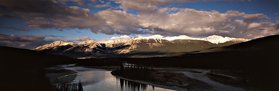 加拿大,艾伯塔省,碧玉国家公园,冬天,山脉,日落,大幅,尺寸
