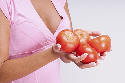 腰部,女人,拿着,西红柿