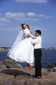 婚礼,伴侣,青岛,海滩,山东,中国
