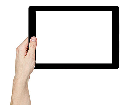 男人,握着,平板电脑,白色,显示屏,隔绝,白色背景