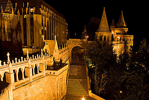 棱堡,照明了的晚上,城堡,布达佩斯,匈牙利,欧洲