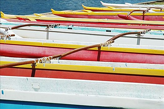 夏威夷,瓦胡岛,排列,彩色,舷外支架,独木舟