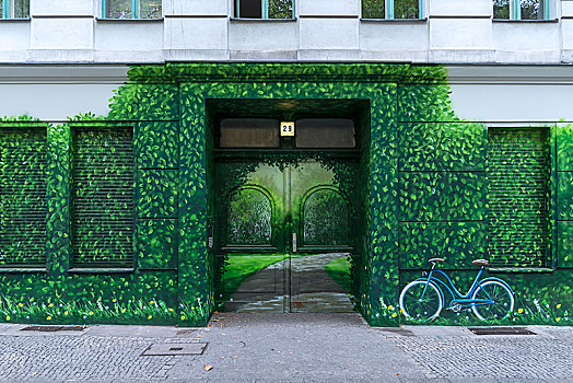 涂鸦,叶子,自行车,门,墙壁,公寓楼,柏林,德国,欧洲