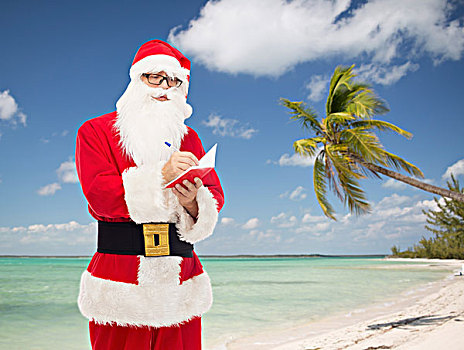 圣诞节,休假,旅行,人,概念,男人,服饰,圣诞老人,便笺,笔,上方,热带沙滩,背景