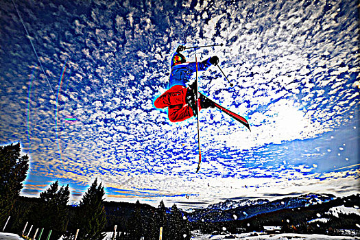 男性,自由式,滑雪,庆贺,半空,蓝天