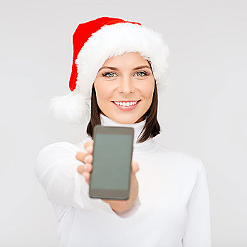 圣诞节,圣诞,电子产品,小物件,概念,微笑,女人,圣诞老人,帽子,留白,显示屏,智能手机
