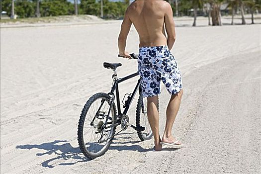后视图,一个,男人,站立,拿着,自行车,海滩