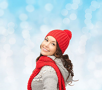 高兴,寒假,圣诞节,人,概念,微笑,少妇,红色,帽子,围巾,上方,蓝色,背景
