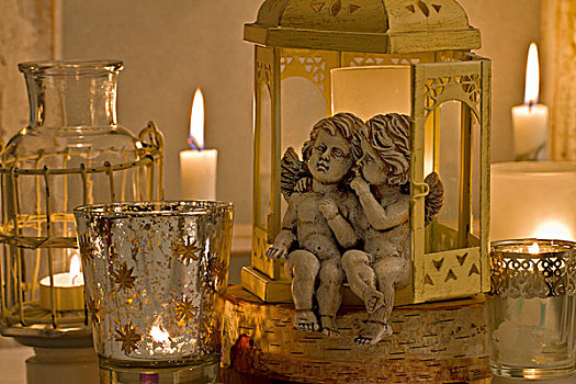 天使,小雕像,坐,灯笼,茶烛,固定器具