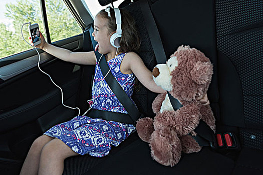 可爱,女孩,泰迪熊,手机,汽车