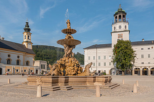 喷泉,住宅,广场,老城,萨尔茨堡,奥地利
