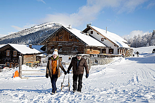 老年,夫妻,拉拽,雪橇,木屋,提洛尔,奥地利