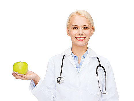 医药健康,概念,微笑,女医生,听诊器,青苹果