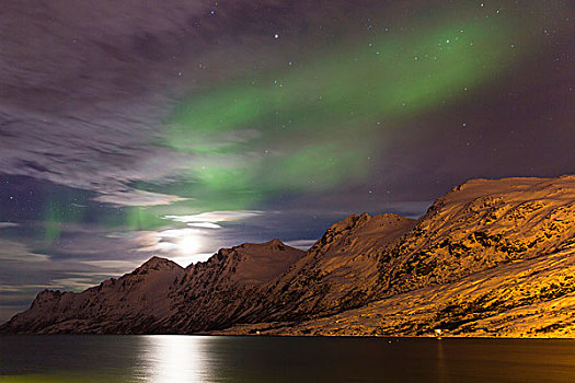 星空,北极光,月亮,光亮,积雪,山,峡湾,北极,挪威